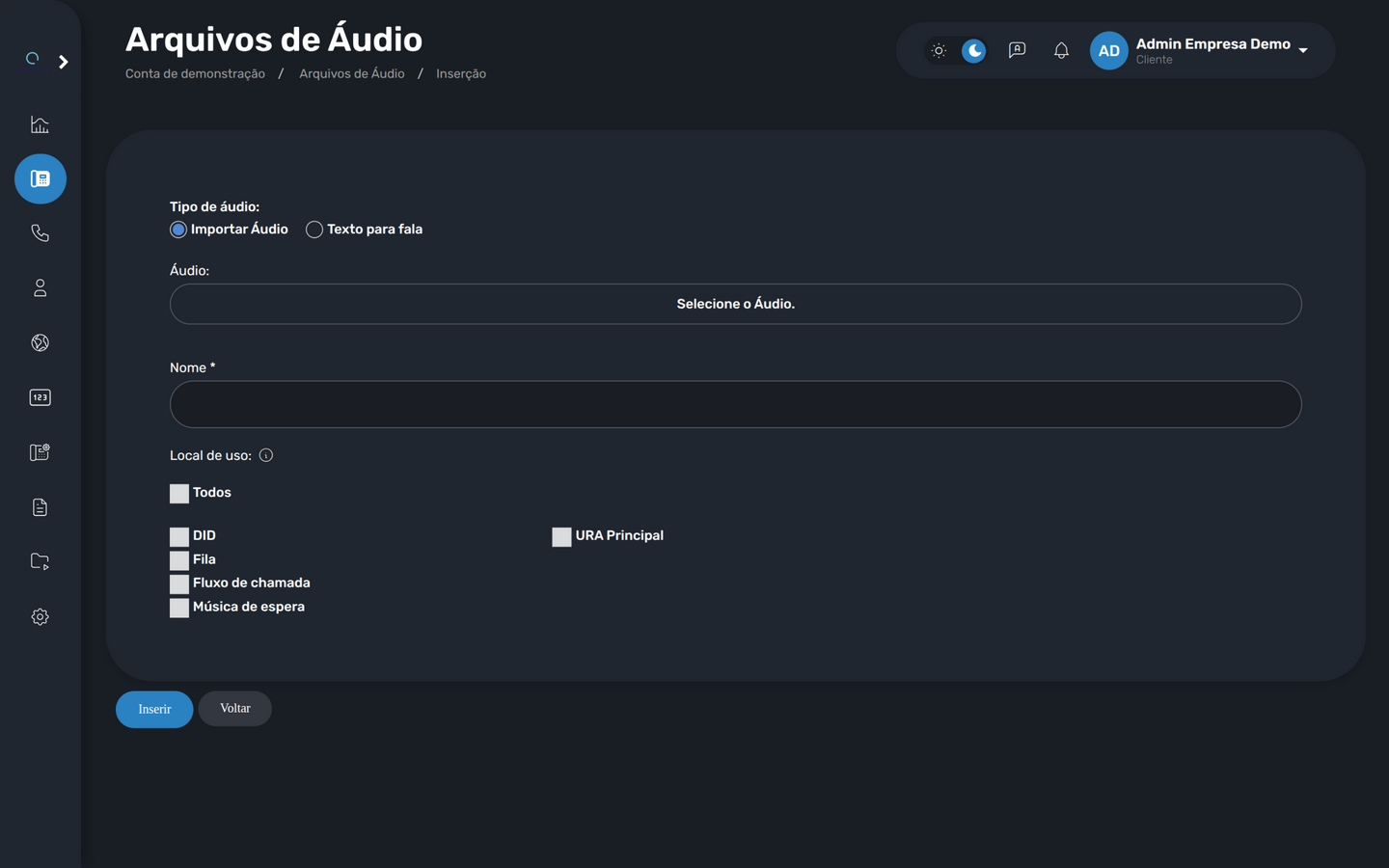 Formulário de áudio com importação e texto para fala