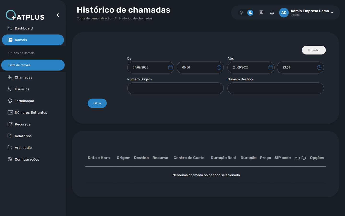 Histórico de chamadas com filtros
