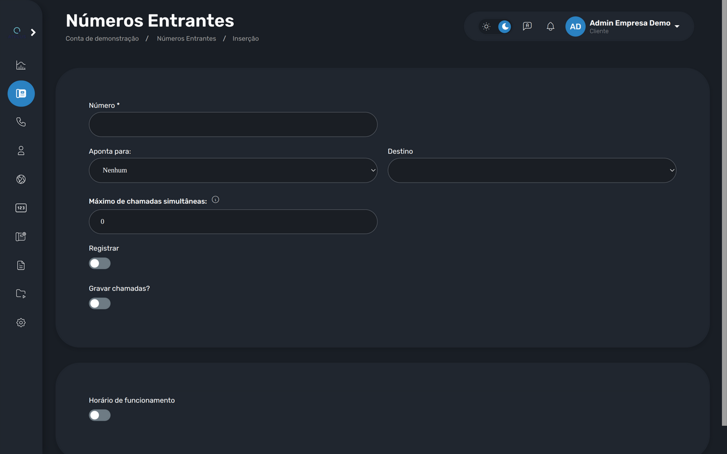 Formulário de DID com destino e limites