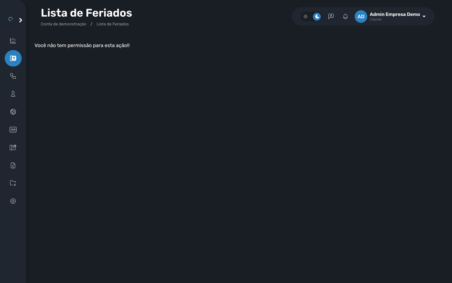 Tela Lista de Feriados sem permissão