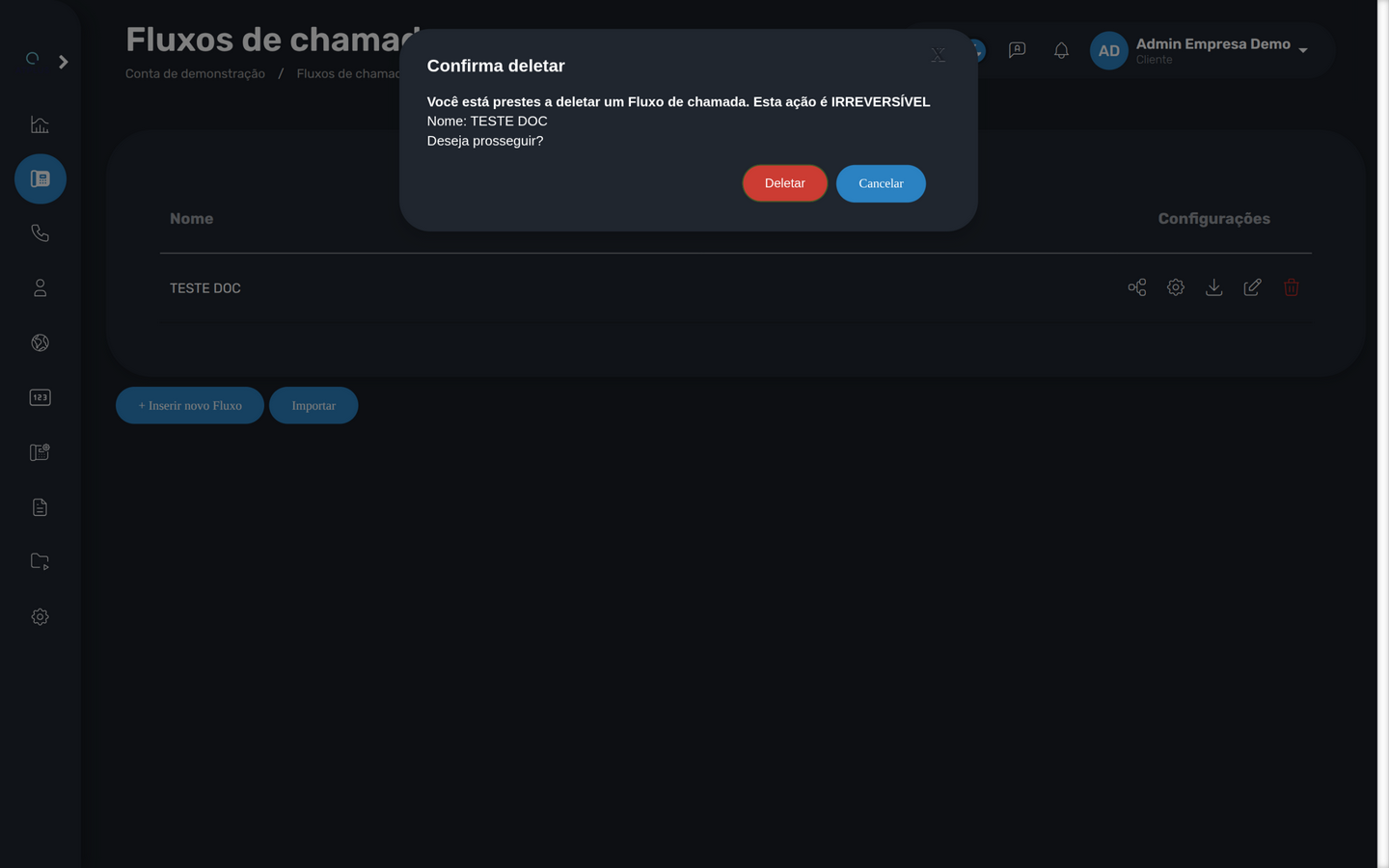 Modal de confirmação de exclusão do fluxo