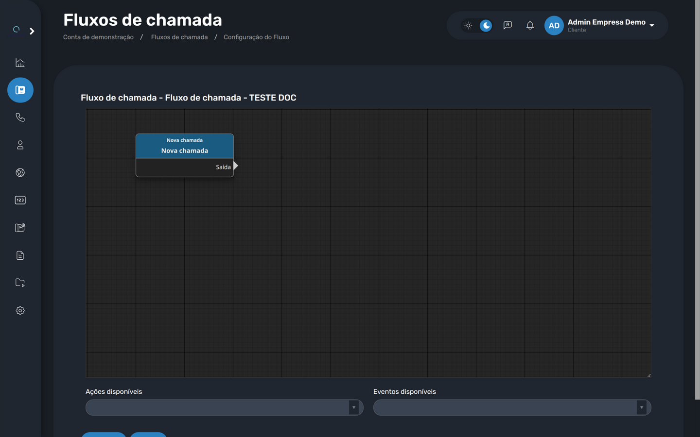 Editor visual do fluxo com o nó Nova chamada