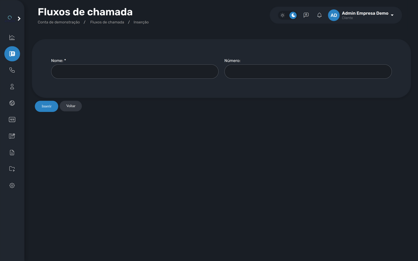 Formulário de criação de fluxo