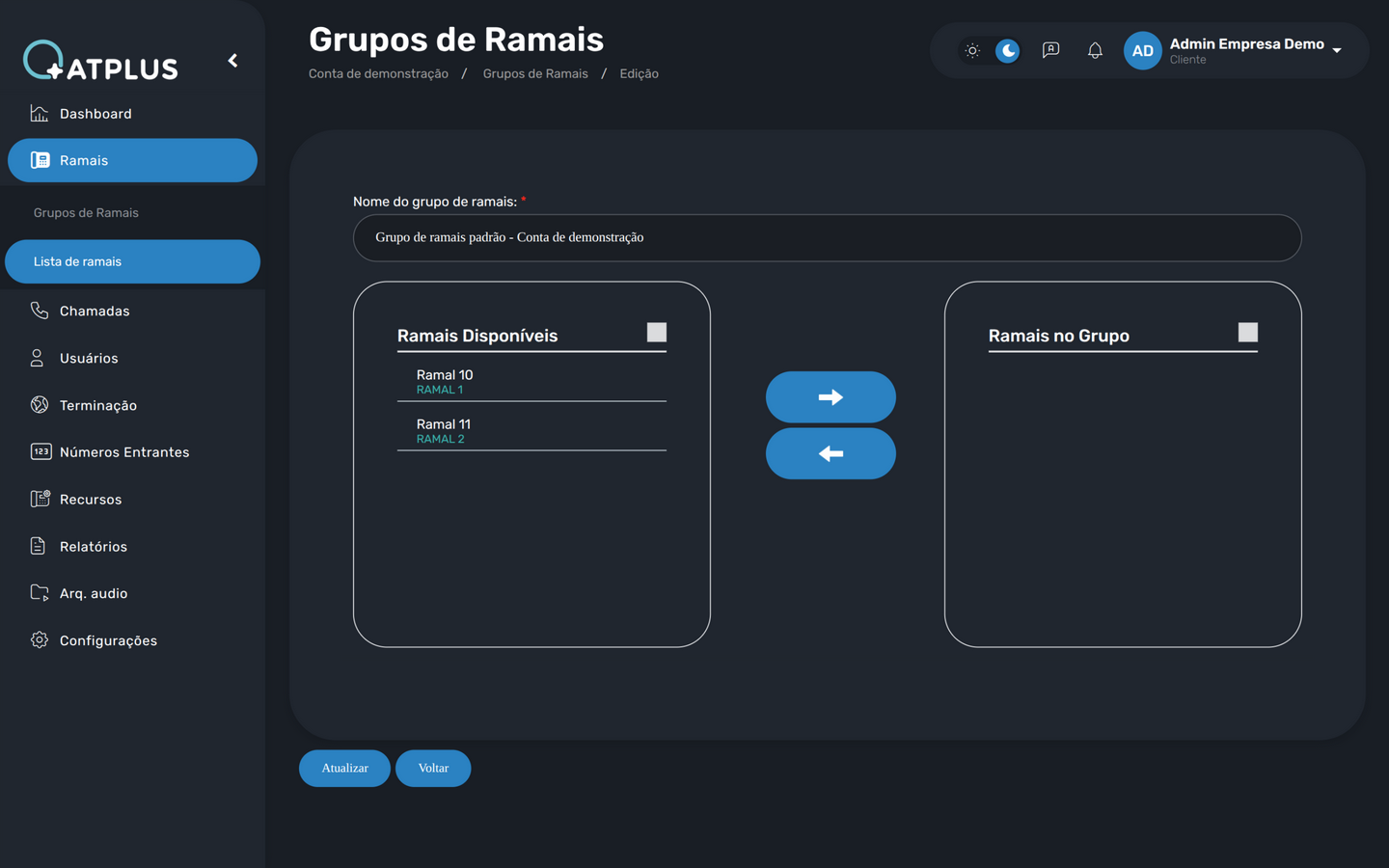 Formulário de grupo de ramais com listas duplas