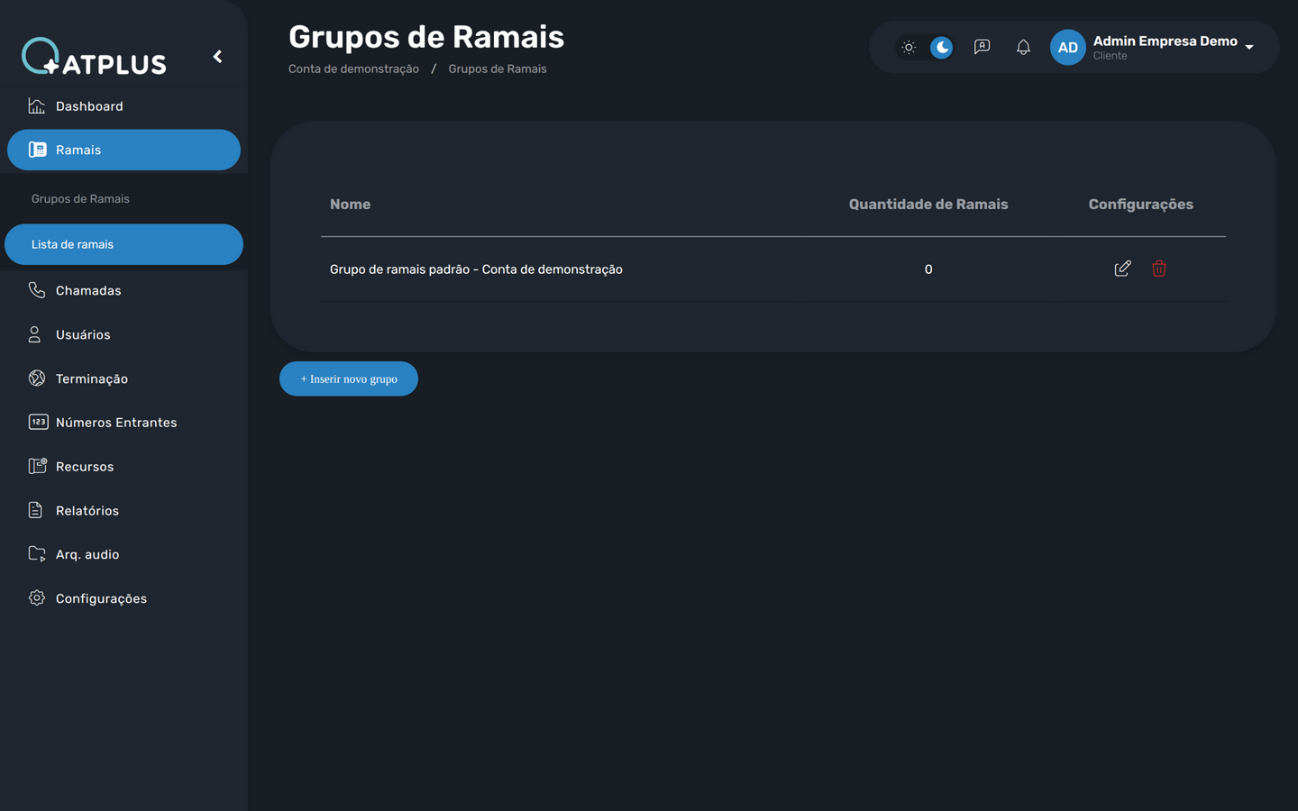 Lista de grupos de ramais