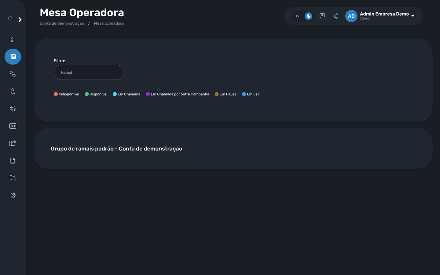 Mesa Operadora com legenda de status