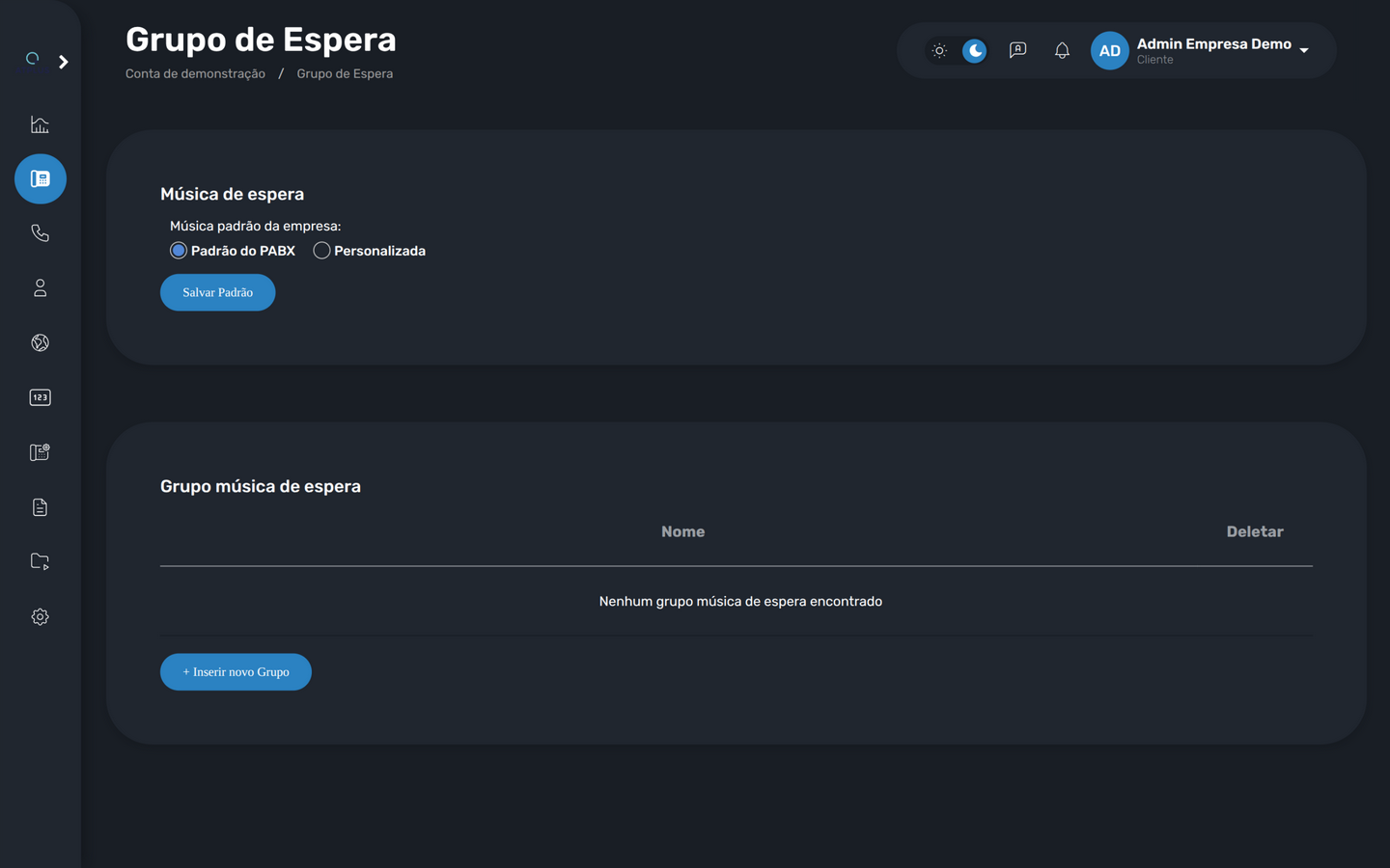 Tela Grupo de Espera com música padrão e grupos