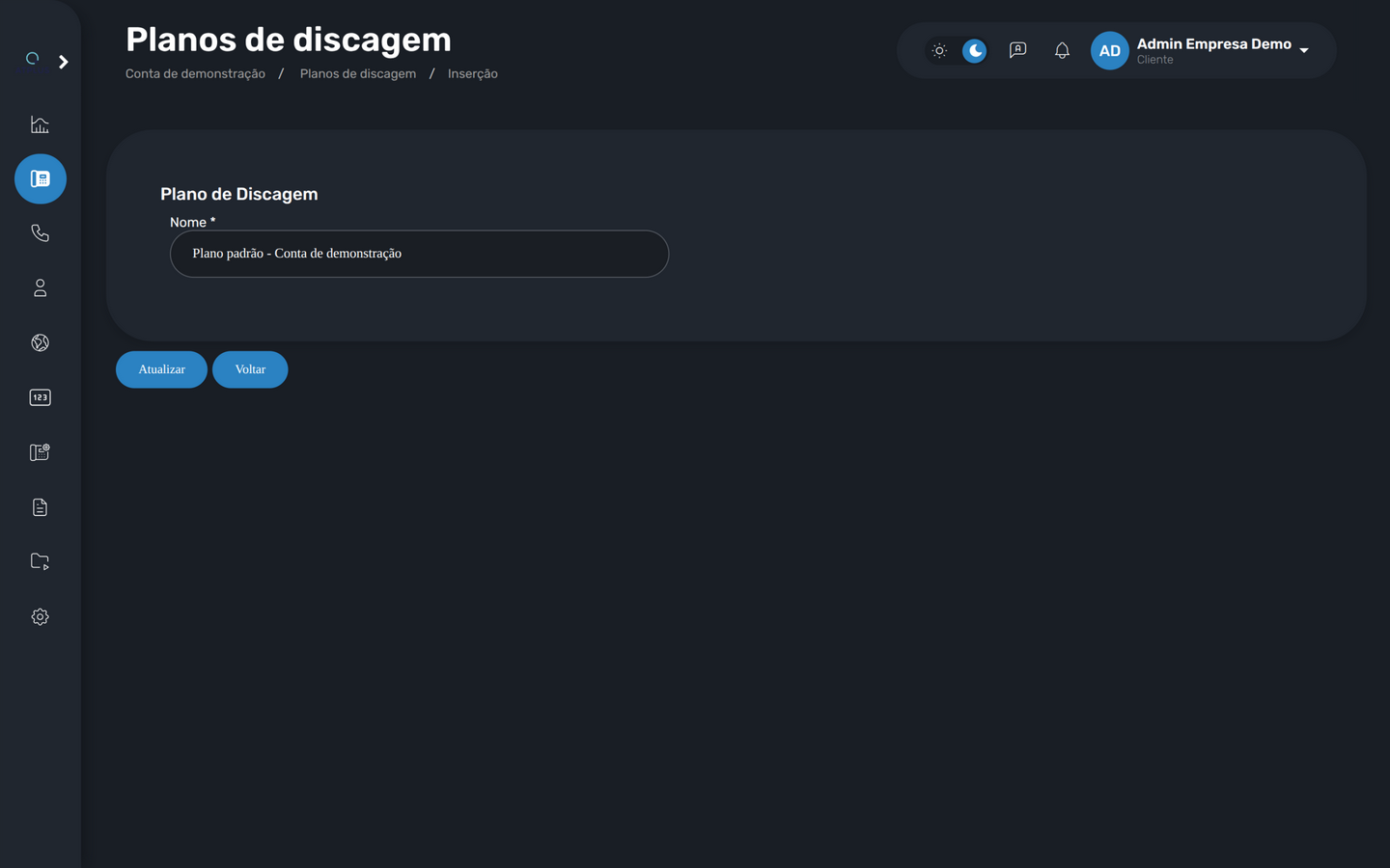 Formulário de plano de discagem