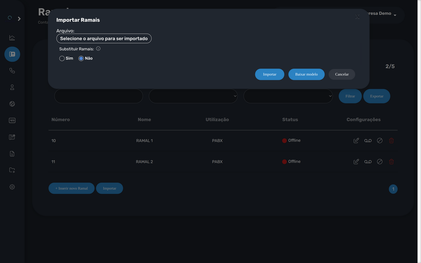 Modal de importação de ramais com Baixar modelo