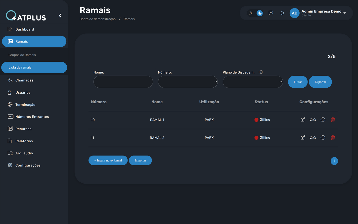 Lista de ramais com filtros e ações