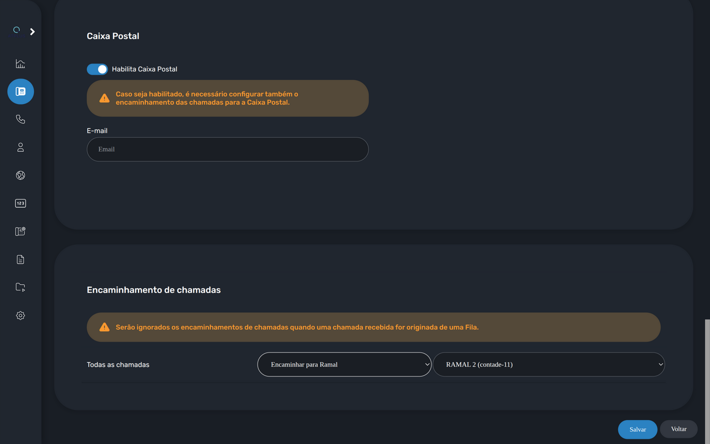 Encaminhar para Ramal revela o seletor do ramal de destino