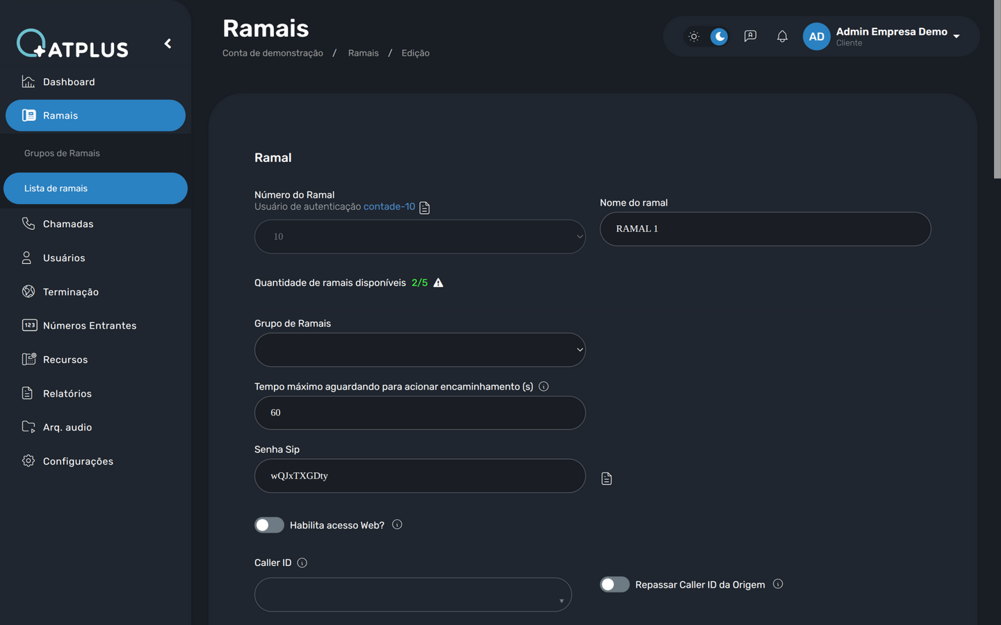 Formulário do ramal — identificação e credenciais
