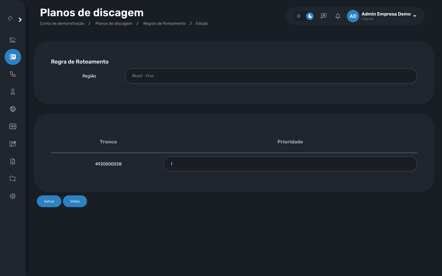 Edição da regra de roteamento da região Brasil - Fixo