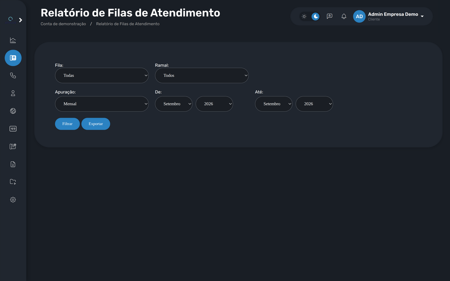 Relatório de filas de atendimento com filtros