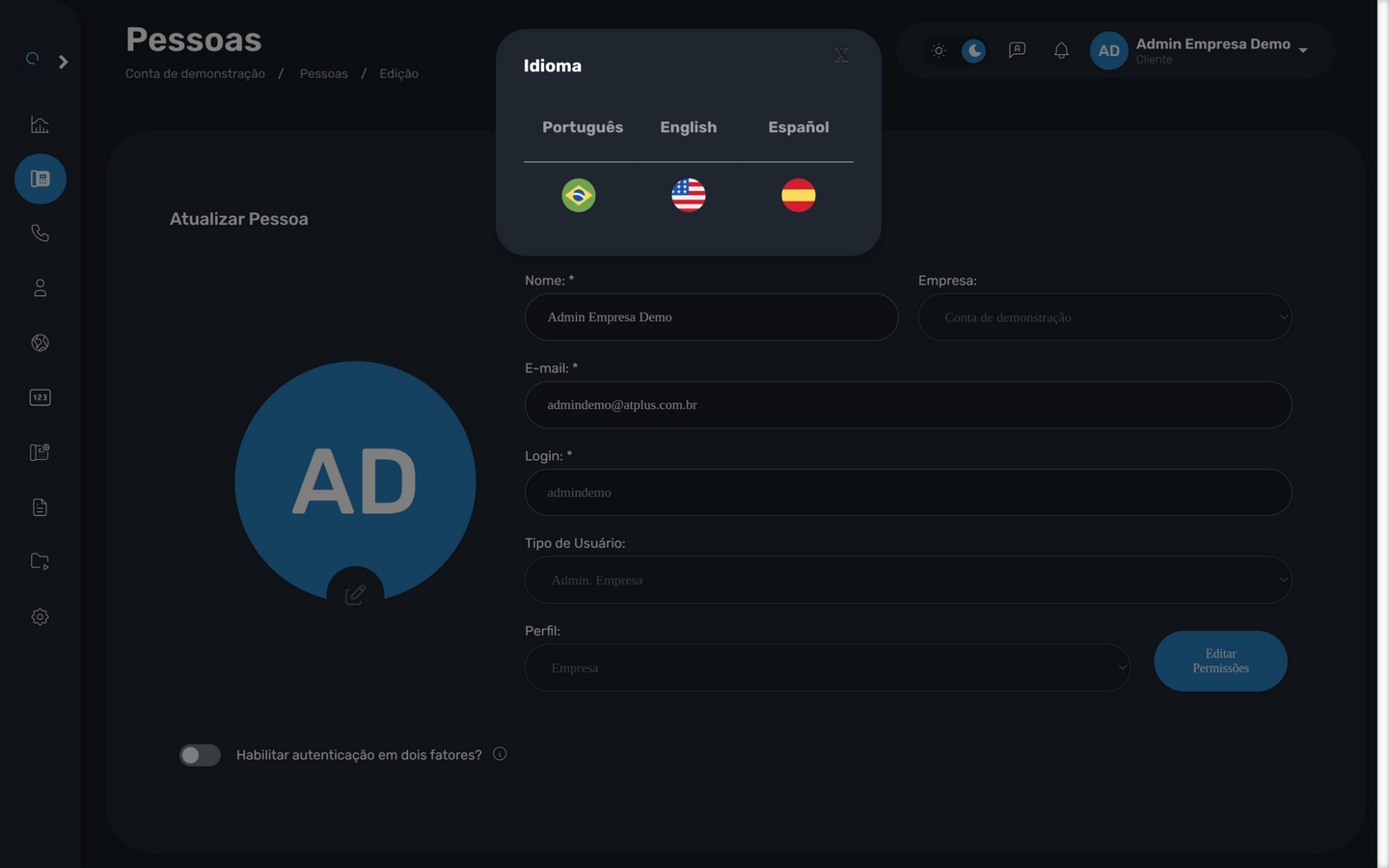 Modal de idioma com as opções Português, English e Español